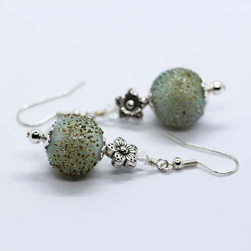 Frozen Ice with Sandy Particles with flower accented Artisan Glass Earrings