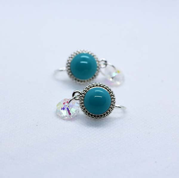 Soft blue handmade artisan glass cabochon earrings with clear flower Swarovski drops
