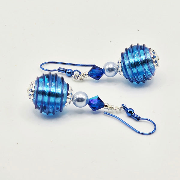 Blue Ribbed Murano Glass Earrings with Blue enamel hooks