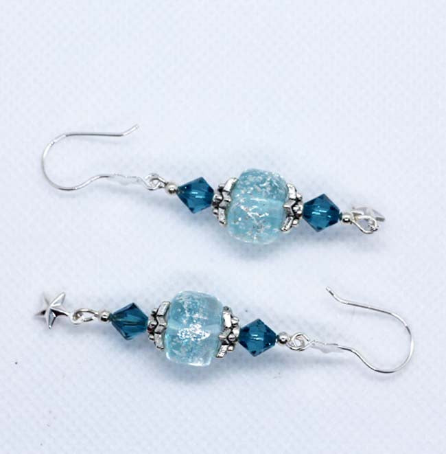 Artisan Glass Christmas Sky Blue/Silver Bead Earrings with star hooks