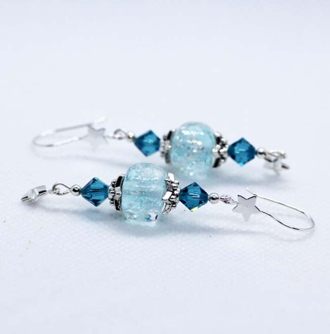 Artisan Glass Christmas Sky Blue/Silver Bead Earrings with star hooks