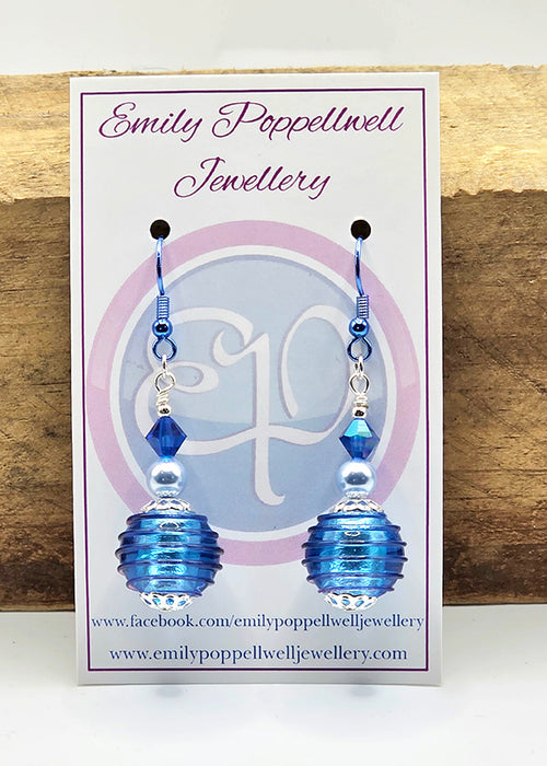 Blue Ribbed Murano Glass Earrings with Blue enamel hooks