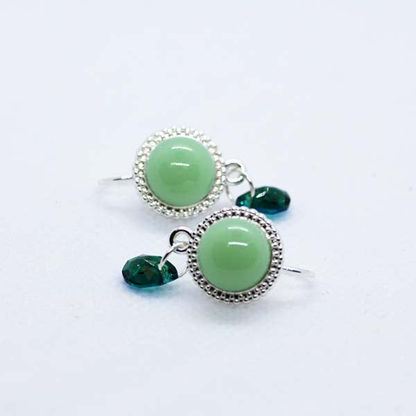 Soft Green Handmade Artisan glass Cabochon Earrings with Deep Green Crystal Tear Drops