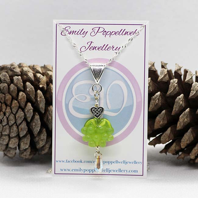 Artisan glass green berry pendant on a quality silver plated chain