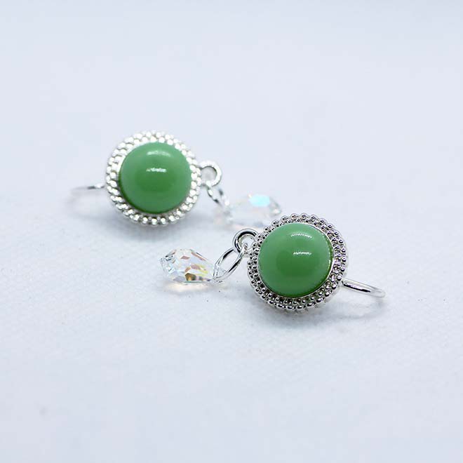 Soft pastel Green handmade artisan glass cabochon earrings with clear Swarovski tear drops
