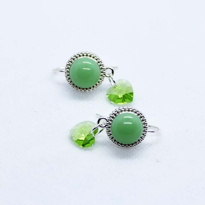 Soft Pastel Green Handmade Artisan Glass Cabochon Earrings with Light Green Crystal Heart Drops
