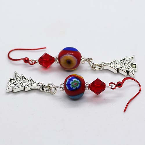 Handmade Murano Glass Murrini red bead with Christmas tree earrings for Christmas