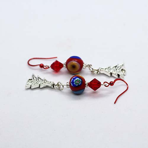 Handmade Murano Glass Murrini red bead with Christmas tree earrings for Christmas