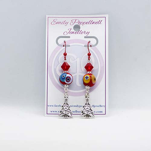 Handmade Murano Glass Murrini red bead with Christmas tree earrings for Christmas