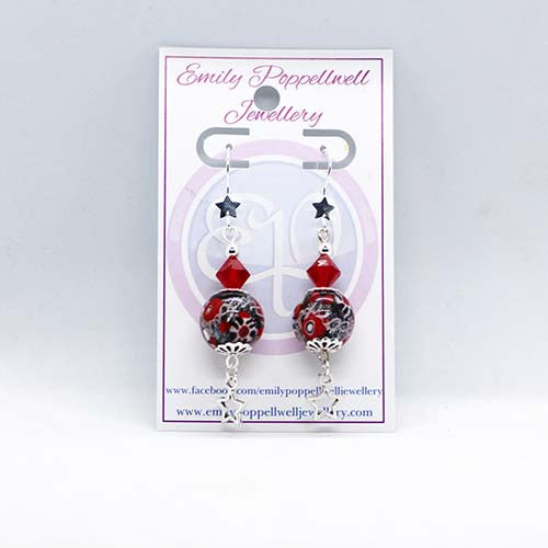 Artisan Glass Christmas Red Murrine Bead Earrings with star hooks