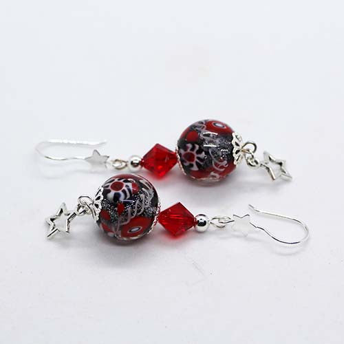 Artisan Glass Christmas Red Murrine Bead Earrings with star hooks