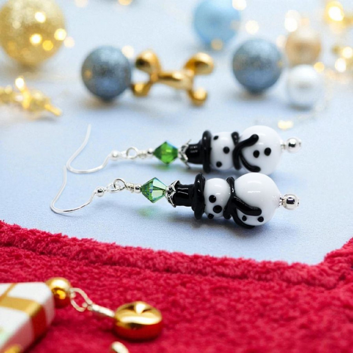 Handmade Christmas Murano Glass white & black lamp work Snowman bead earrings with green crystal beads