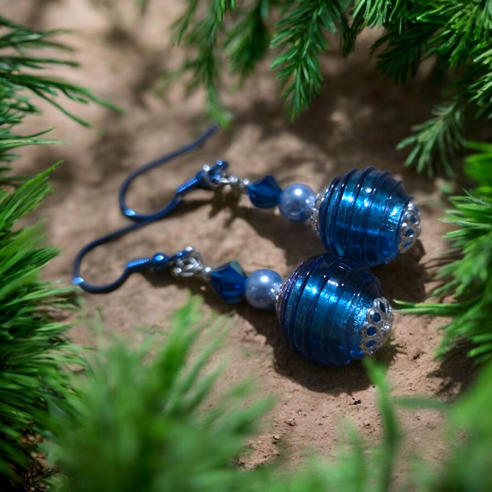 Blue Ribbed Murano Glass Earrings with Blue enamel hooks