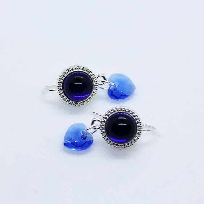 Transparent royal blue handmade artisan glass cabochon earrings with blue Swarovski heart drops