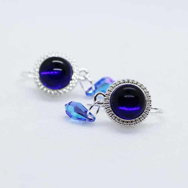 Transparent royal blue handmade artisan glass cabochon earrings with blue Swarovski tear drops