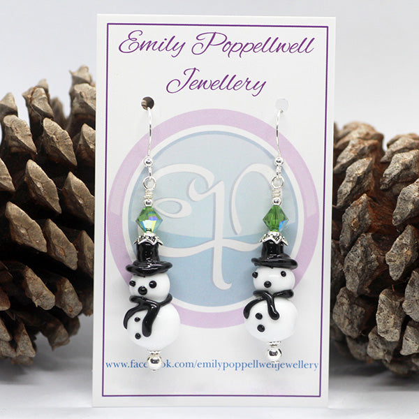 Handmade Christmas Murano Glass white & black lamp work Snowman bead earrings with green crystal beads