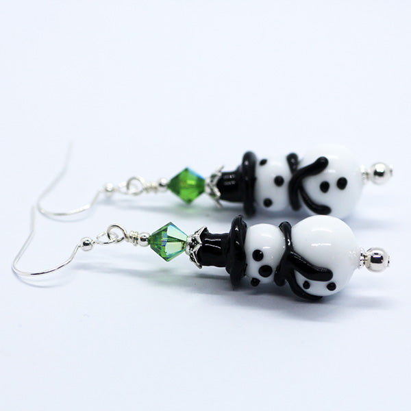 Handmade Christmas Murano Glass white & black lamp work Snowman bead earrings with green crystal beads
