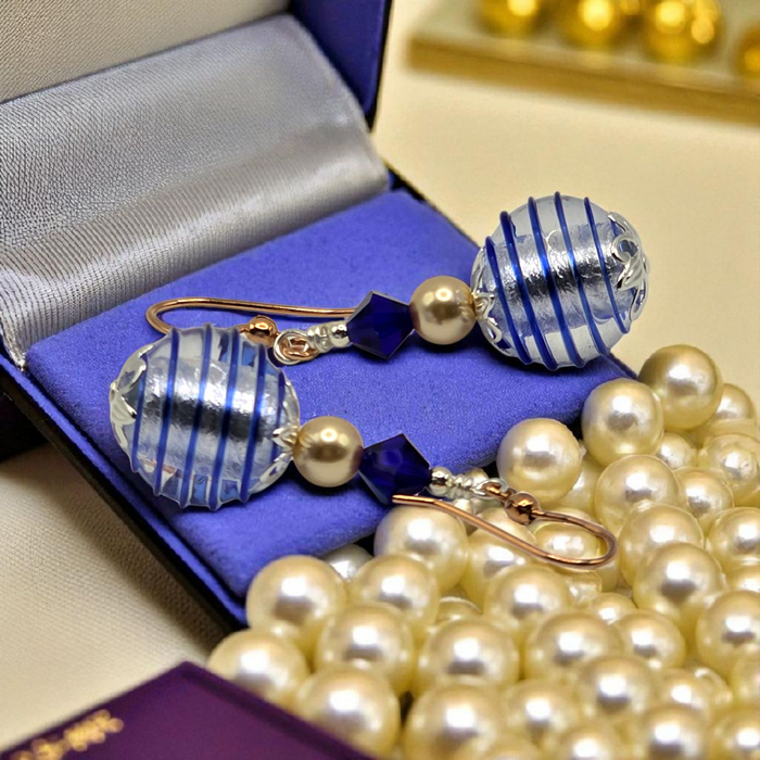 Royal Blue Ribbed Murano Glass Earrings with copper enamel hooks