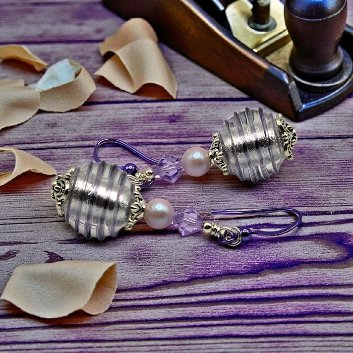 Lilac Ribbed Murano Glass Earrings with Purple Enamel Hooks