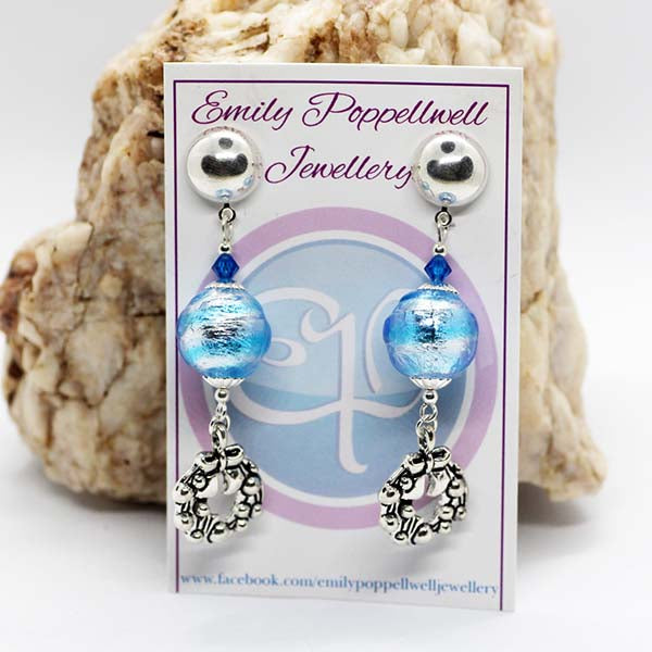Handmade Blue & Silver Artisan Glass Large Round Stud Earrings with Christmas Wreath Drop