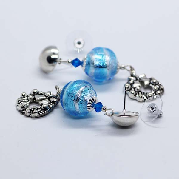 Handmade Blue & Silver Artisan Glass Large Round Stud Earrings with Christmas Wreath Drop