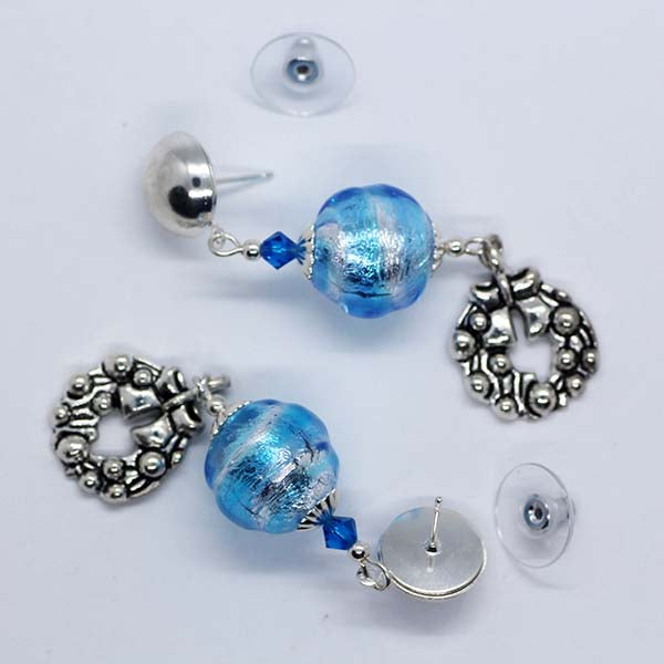 Handmade Blue & Silver Artisan Glass Large Round Stud Earrings with Christmas Wreath Drop