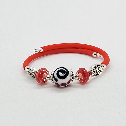 Red, white and black Artisan Glass Memory Wire ladies Bracelet