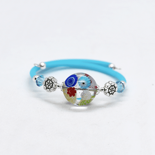 Murano Glass Clear Multi Colour and Sky Blue Memory Wire Bracelet (Slim Wrist)