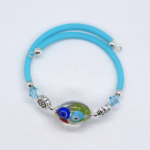 Murano Glass Clear Multi Colour and Sky Blue Memory Wire Bracelet (Slim Wrist)