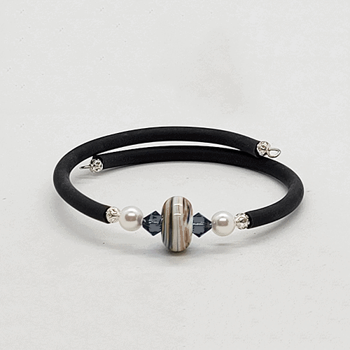 Yellow, blue & pearl Artisan Glass Memory Wire Bracelet