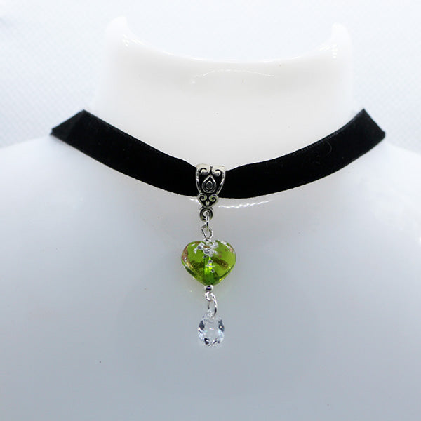 Light Green Murano Glass heart with clear crystal drop on black velveteen choker