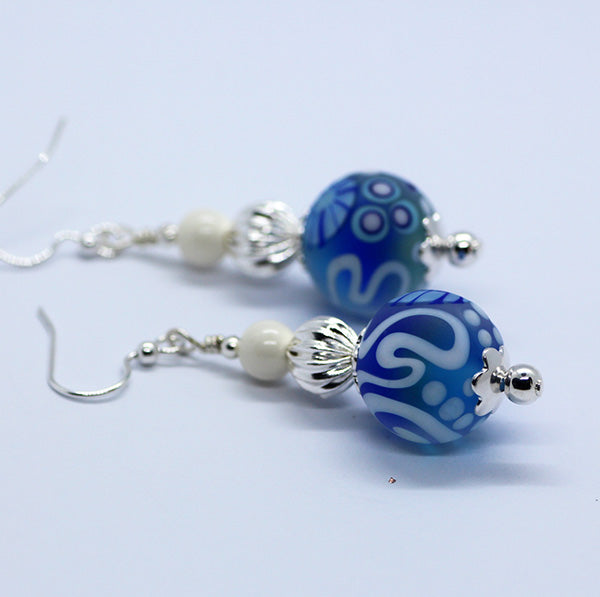 Crazy Abstract Dark Blue & Light Blue Artisan Glass Earrings