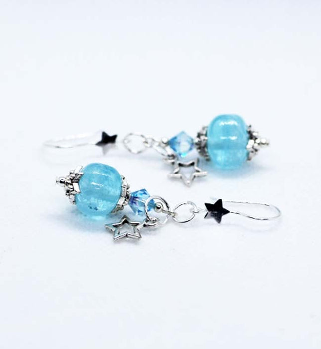 Handmade Christmas Artisan Glass Sky Blue Earrings with star French Hooks & Sterling Silver Star Ear Cuff Set