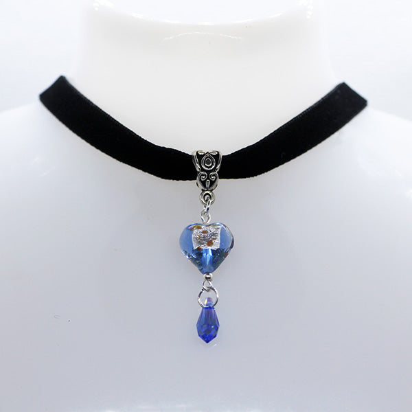 Light Blue Murano Glass heart with blue crystal drop on black velveteen choker