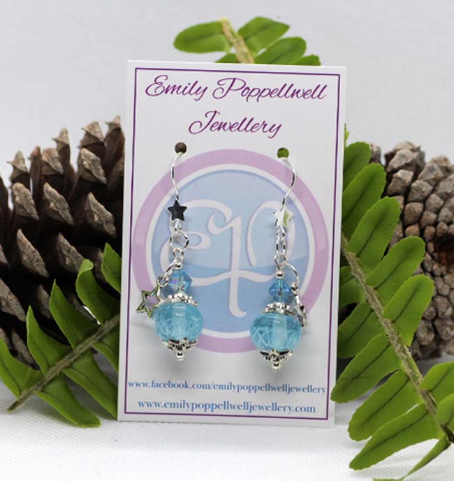 Handmade Christmas Artisan Glass Sky Blue Earrings with star French Hooks & Sterling Silver Star Ear Cuff Set