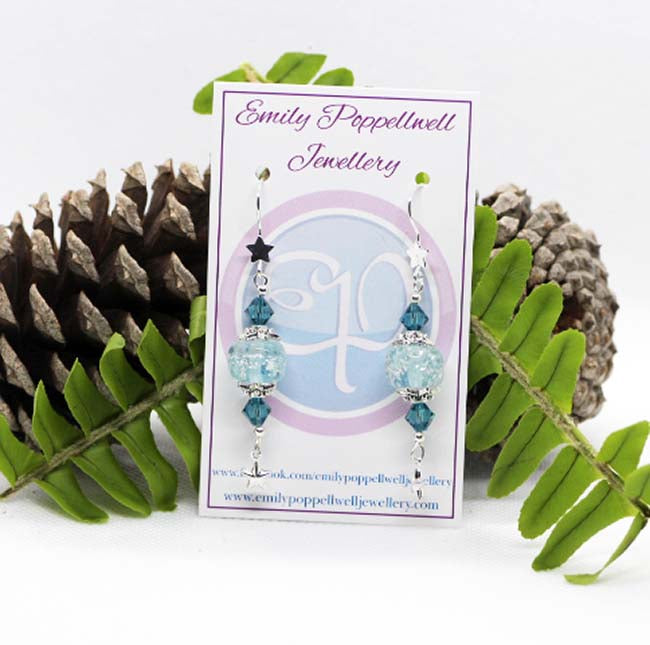 Artisan Glass Christmas Sky Blue/Silver Bead Earrings with star hooks