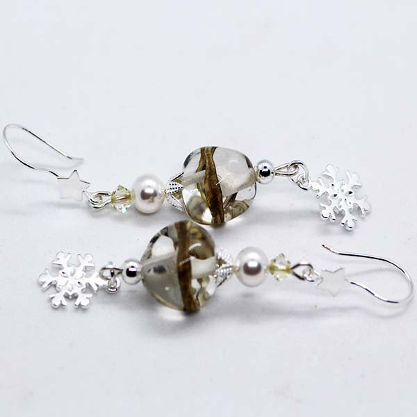Handmade Artisan Glass clear nugget bead, pearl with snowflake earrings for Christmas