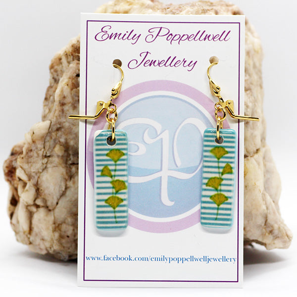 Handmade Light Blue Striped and Yellow Fan Flowers Enamel Focal Beads with matching Gold Plated Fan Accented Lever Back Hooks