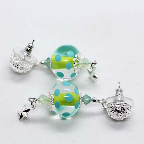 Handmade Christmas Artisan Glass blue spotted over green bead with star stud earrings