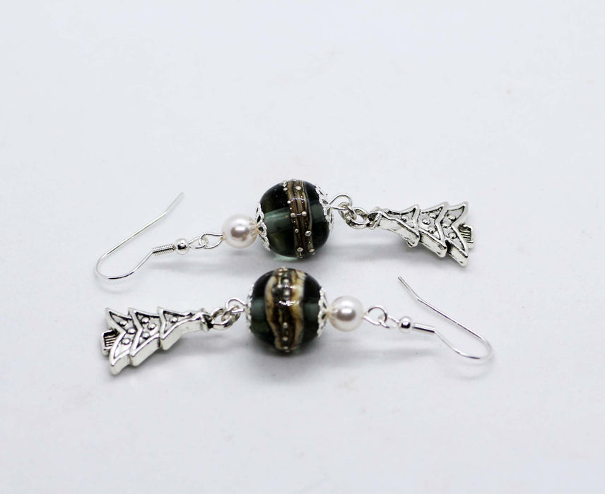 Handmade Artisan Glass moss green bead with Christmas tree earrings for Christmas