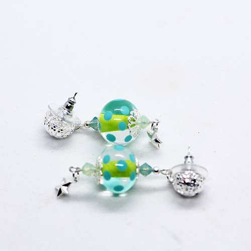 Handmade Christmas Artisan Glass blue spotted over green bead with star stud earrings