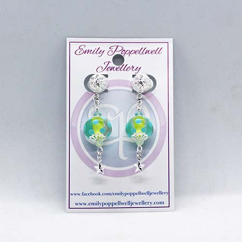 Handmade Christmas Artisan Glass blue spotted over green bead with star stud earrings