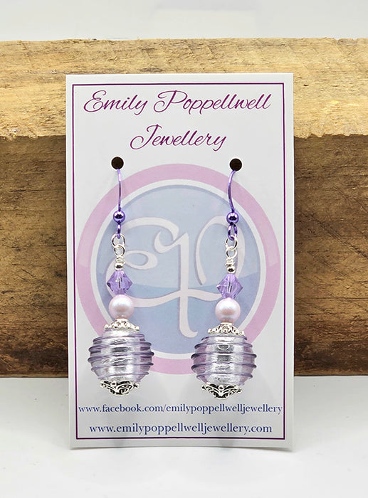 Lilac Ribbed Murano Glass Earrings with Purple Enamel Hooks