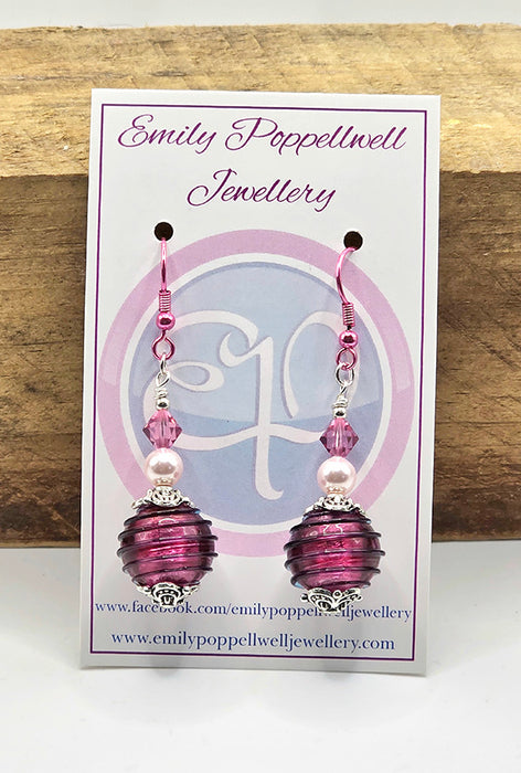 Maroon Ribbed Murano Glass Earrings with pink enamel hooks