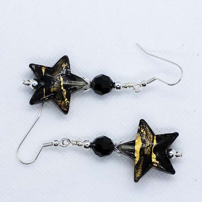 Handmade Black/Gold Murano Glass Star Earrings with Silver Plated Hooks with Bonus SS Star cuff