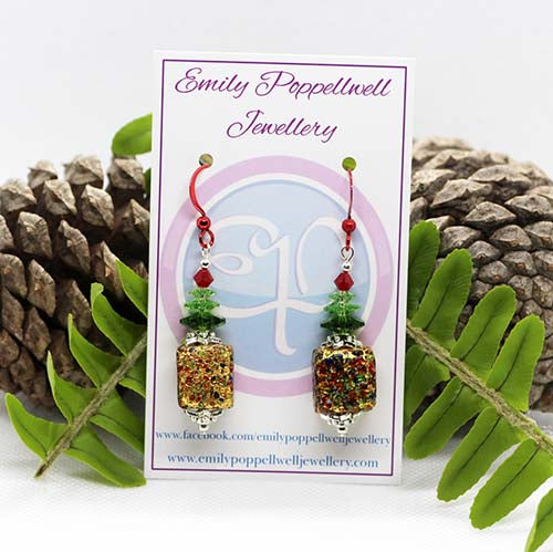 Handmade Murano Glass Klimt bead earrings with red enamel hooks for Christmas
