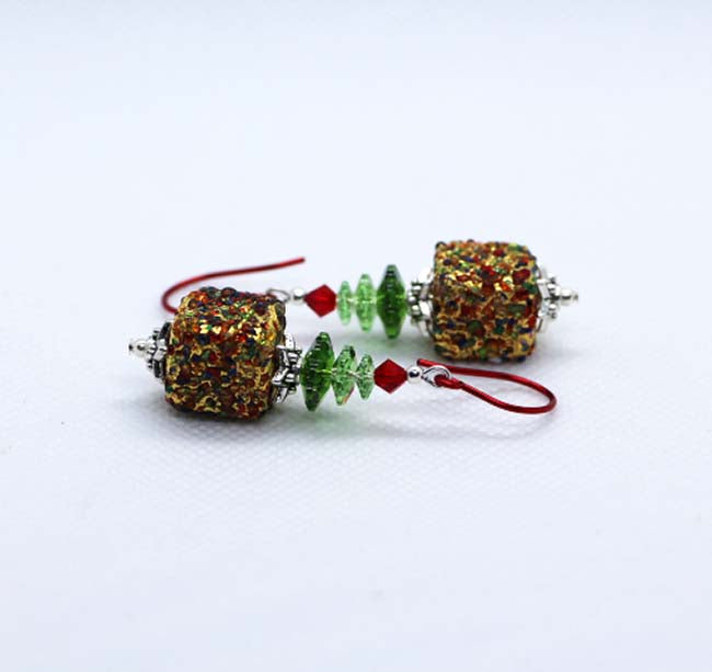 Handmade Murano Glass Klimt bead earrings with red enamel hooks for Christmas