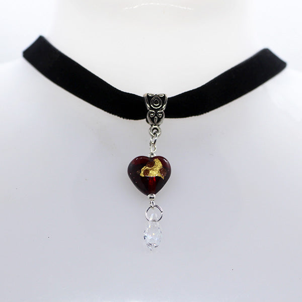 Dark Red Murano Glass heart with clear crystal drop on black velveteen choker