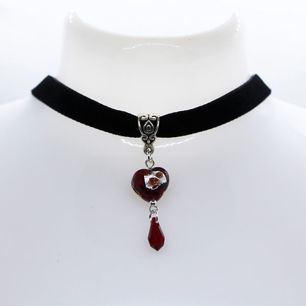 Dark Red Murano Glass heart with red crystal drop on black velveteen choker