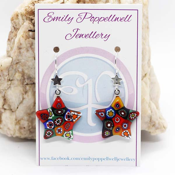 Handmade Murano Glass Murrini Star Earrings with Star French Hooks Red/Yellow Accent